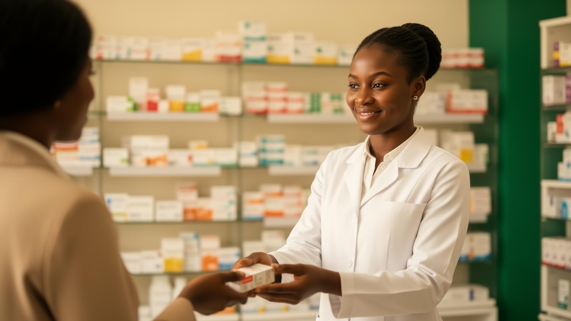 Palace Pharmacy pharmacist serving a customer